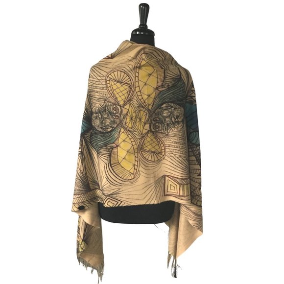 Cubist Abstract Art Line Drawing Flannel Buttoned Wrap Shawl Poncho Scarf - Picture 4 of 16